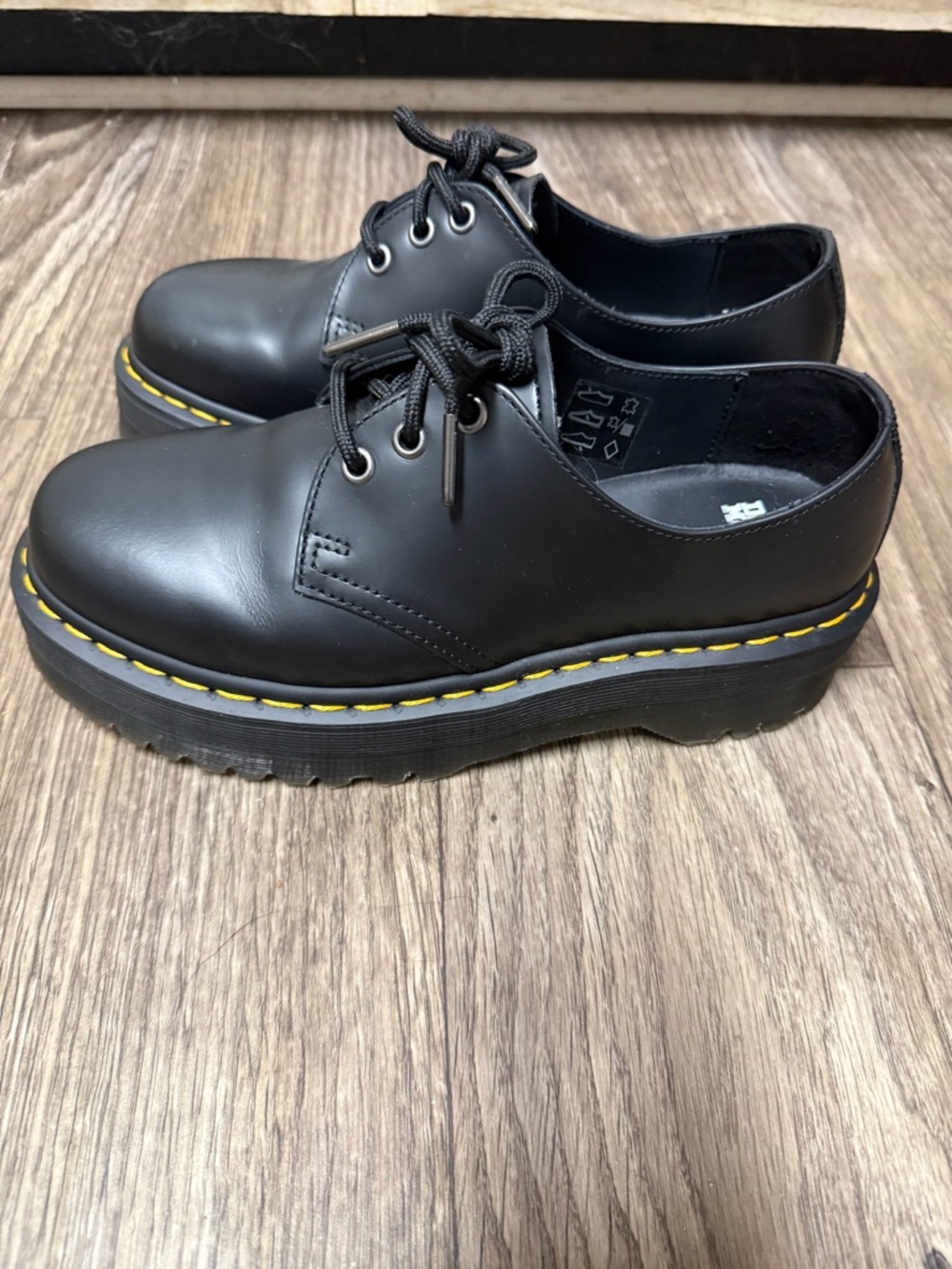 Dr. Martens Black 3-Eye Lace-Up Oxfords with Yellow Welt Stitching - Picture 5 of 6
